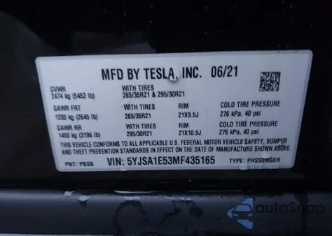 2021 Tesla Model S Long Range Dual Motor All-Wheel Drive из США, поврежденный, VIN 5YJSA1E53MF435165